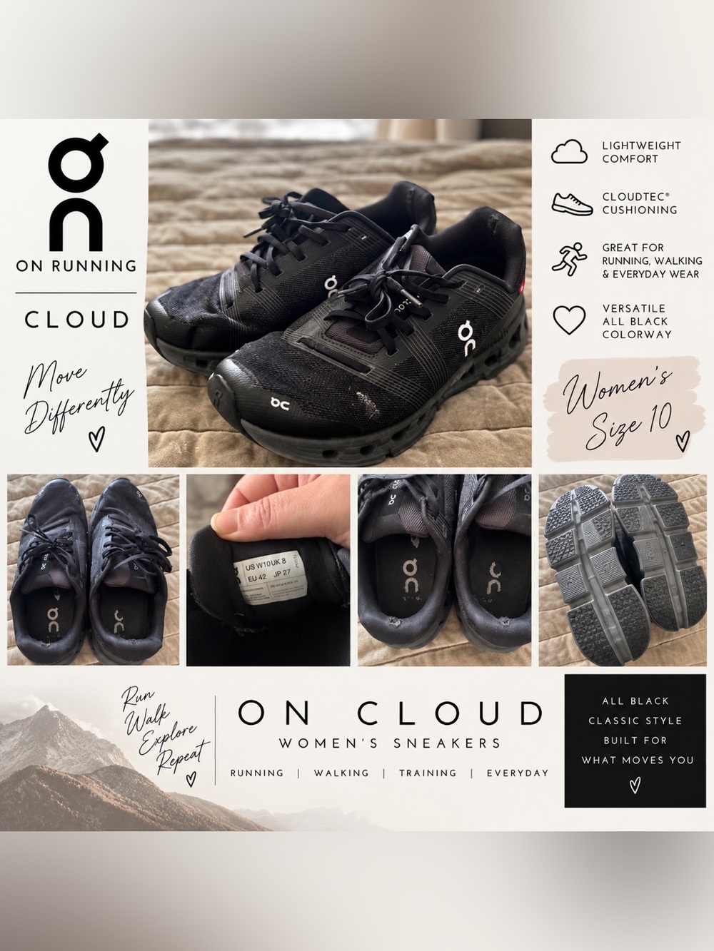 On Running Cloud Women’s 10 Black All Black Sneakers Running Walking